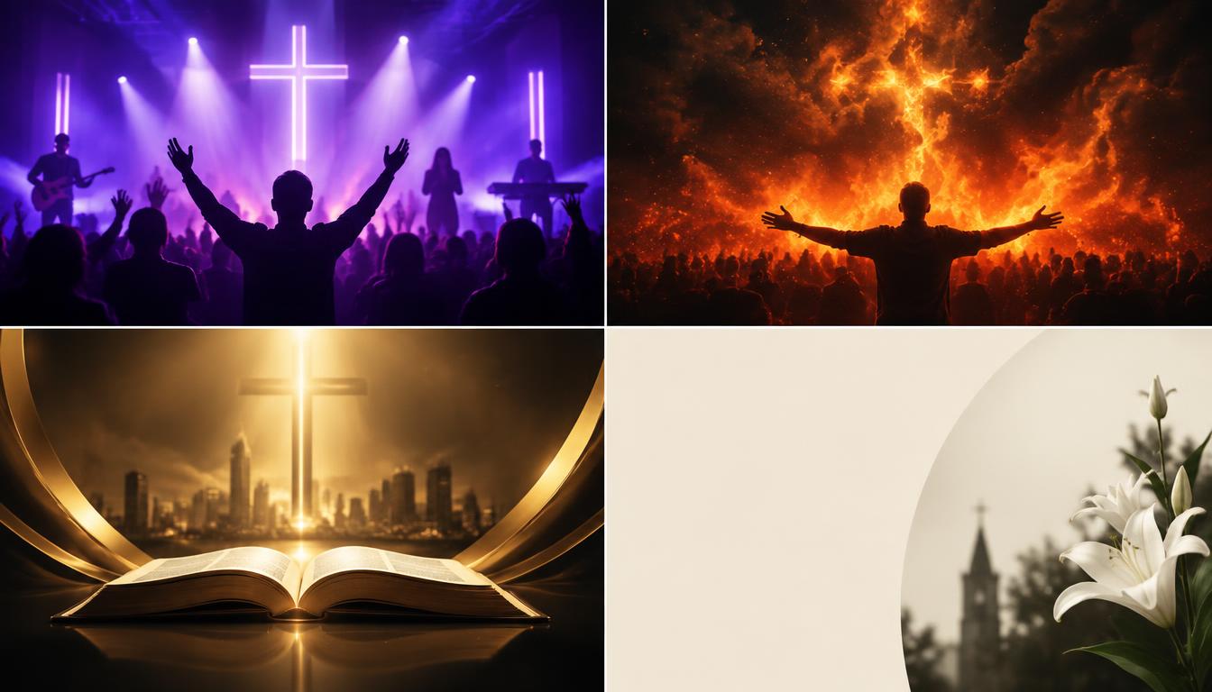 Four example flyer directions: modern worship, revival fire, elegant gold and minimalist