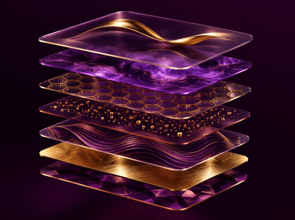 Stack of glowing glass design layers separating in space