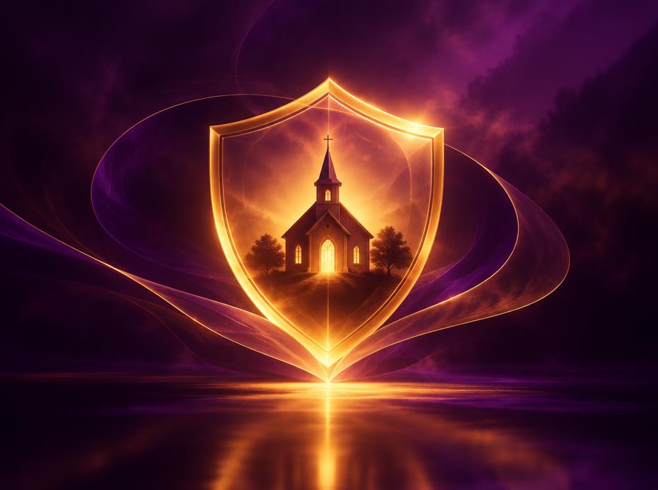 Golden shield enclosing a small church
