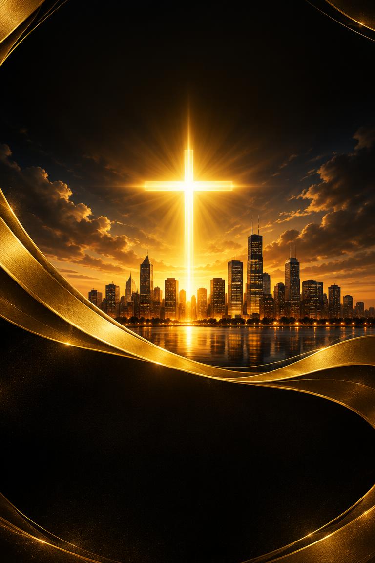 Elegant conference flyer sample with a golden cross over a city