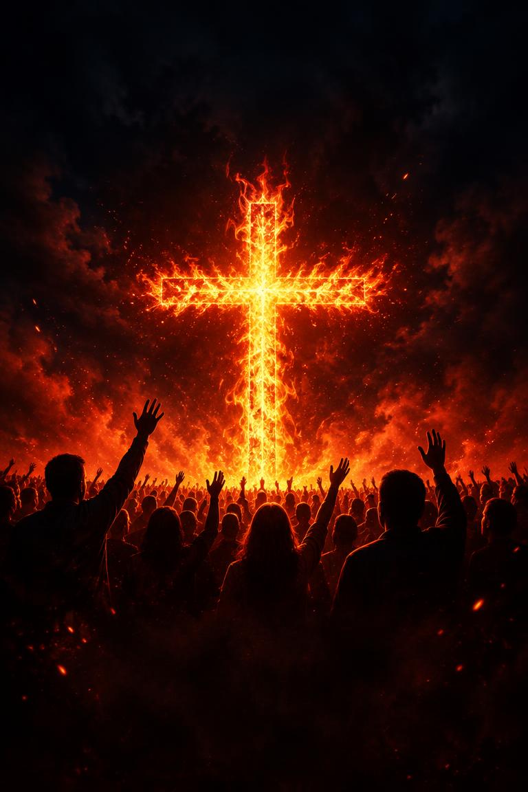 Revival flyer sample with a blazing cross of fire