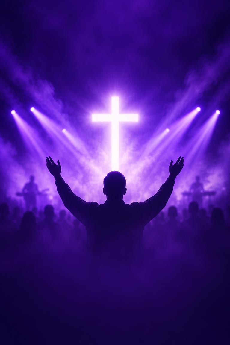 Modern worship flyer sample with a glowing cross in purple light