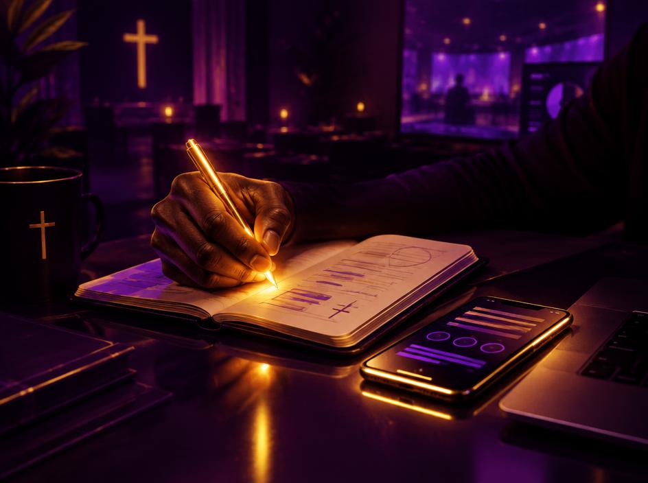 Hand writing event notes beside a glowing phone